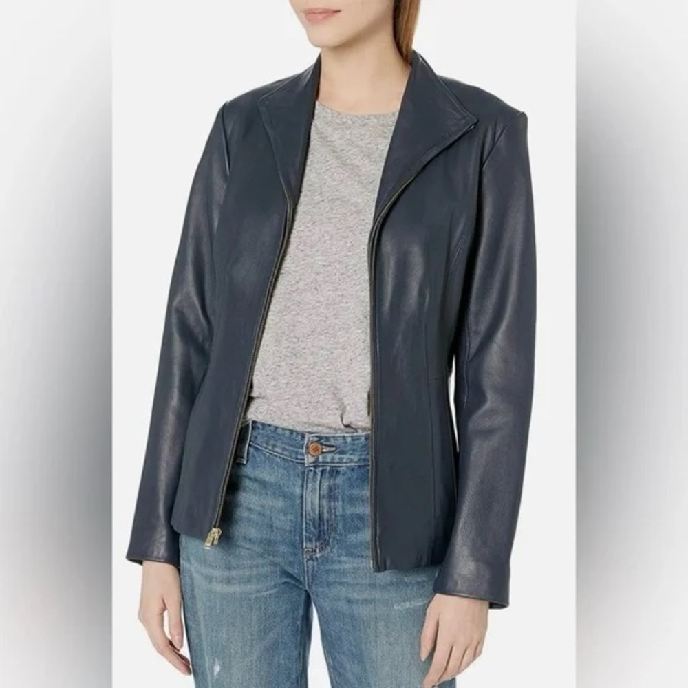 Cole Haan Dark Blue Wing Collar Leather Leather‎ Jacket SZ SM - Picture 9 of 9